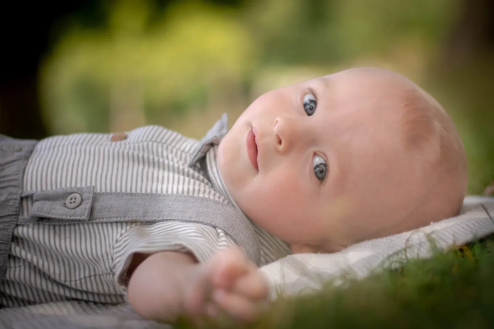Baby in a garden during a family shoot, natural light, no posing